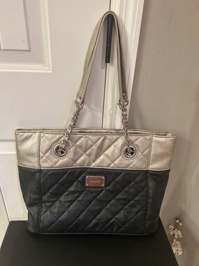 Nine West Quilted Two-Tone Shoulder Tote in Metallic Champagne and Black